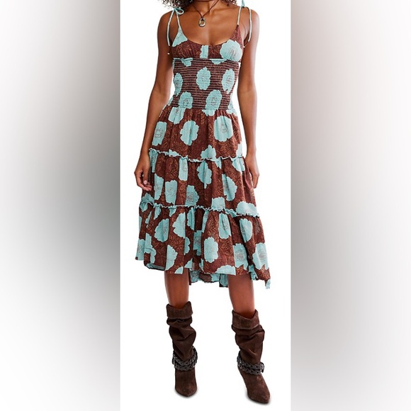 Free People Dresses & Skirts - Free People Brown and Aqua Blue Floral Tiered Midi Dress Size M